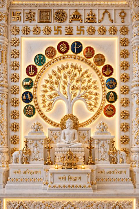White marble temple with golden nakkashi carving by Shaad Marble Art
